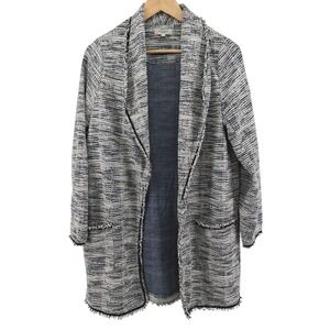 Max Studio London Blue White Textured Open Front Blazer Jacket Size Large Fringe